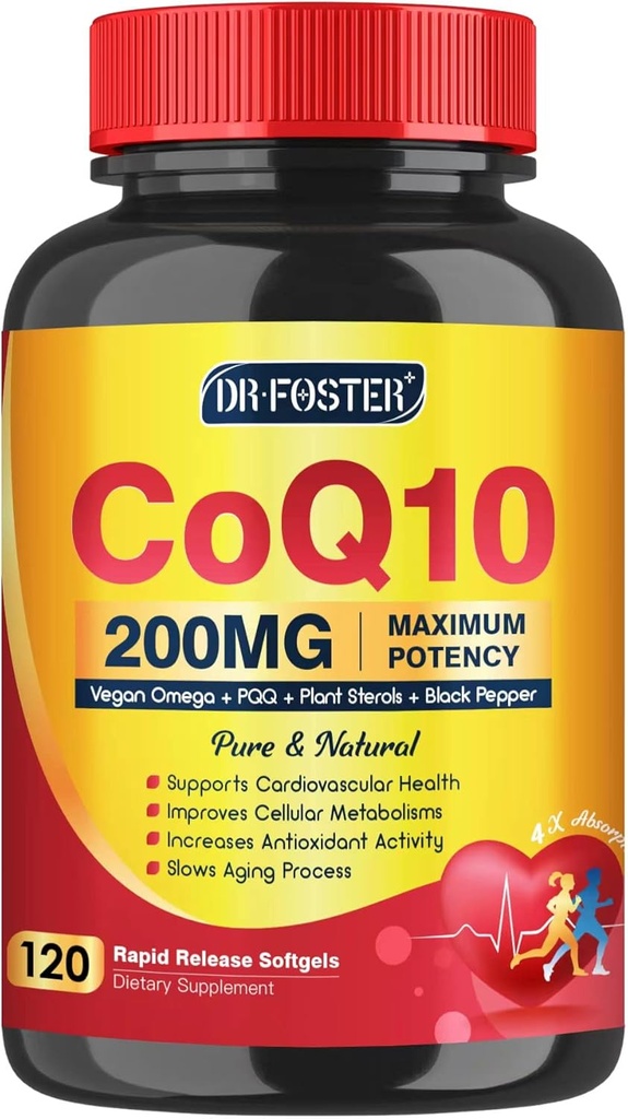 CoQ10 200mg Softgels avec Vitamine E et Omega 3-6 -9 et PQQ - Coenzyme haute absorption Q10 avec Bioperine
