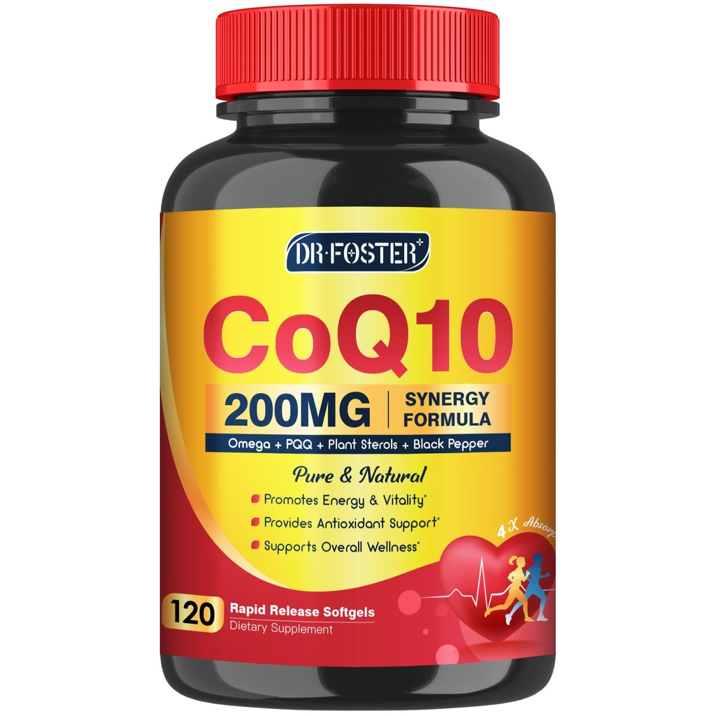 CoQ10 200mg Softgels avec Vitamine E et Omega 3-6 -9 et PQQ - Coenzyme haute absorption Q10 avec Bioperine