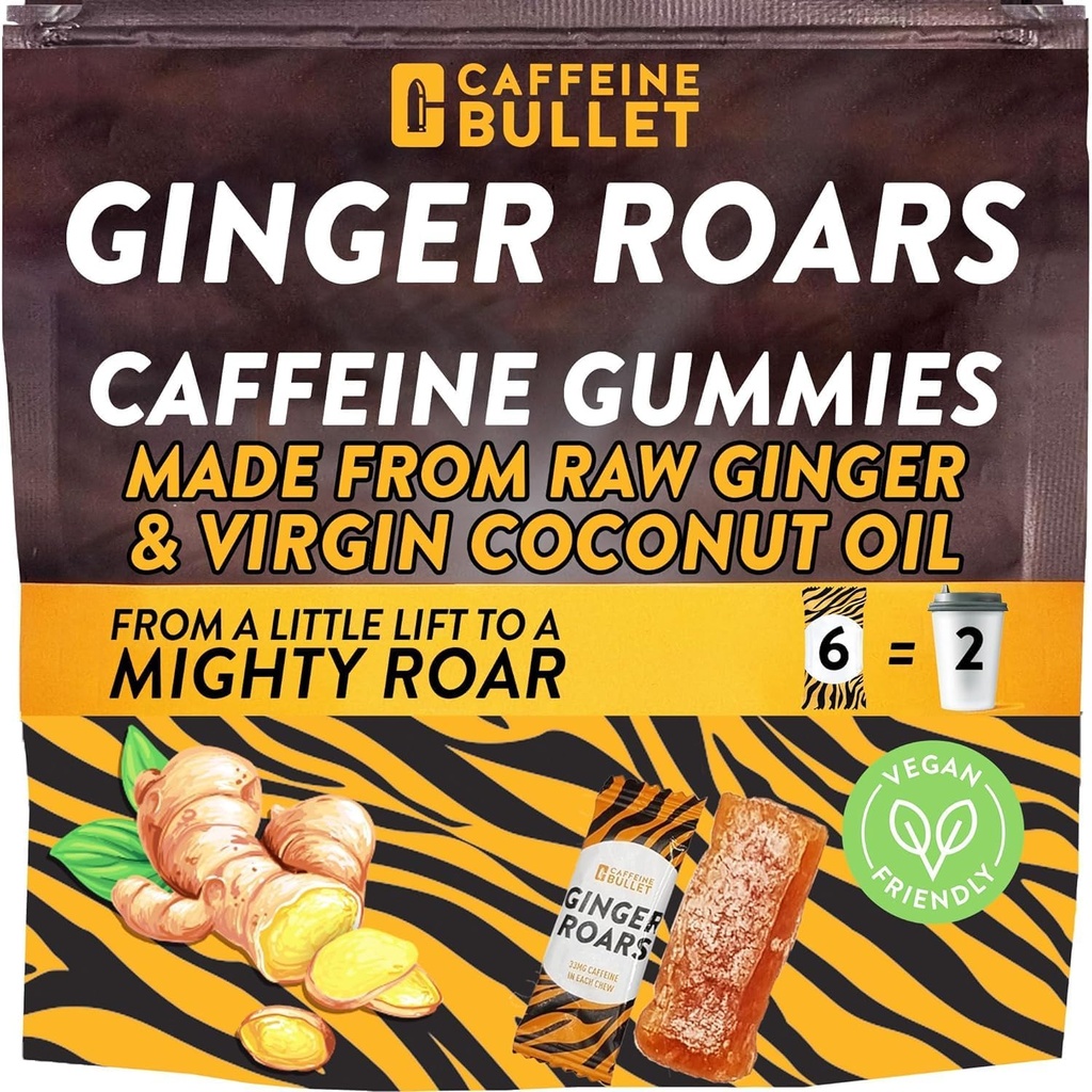 Ginger Roars - Caféine Ginger Chews - 12 bonbons de caféine Chaque caféine de 33mg avec une délicieuse saveur de gingembre naturel et un soupçon de feu. Plant Based Energy Shops, un snack végétalien sain pour les adultes.