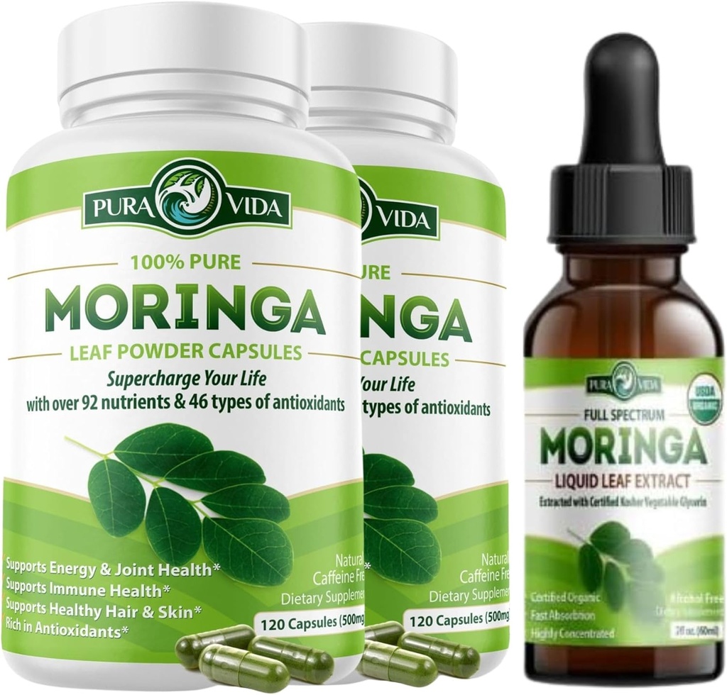 Capsules de Moringa 120ct. 500mg Caps. (Pack de 2) et Huile de Moringa Biologique (2fl oz)