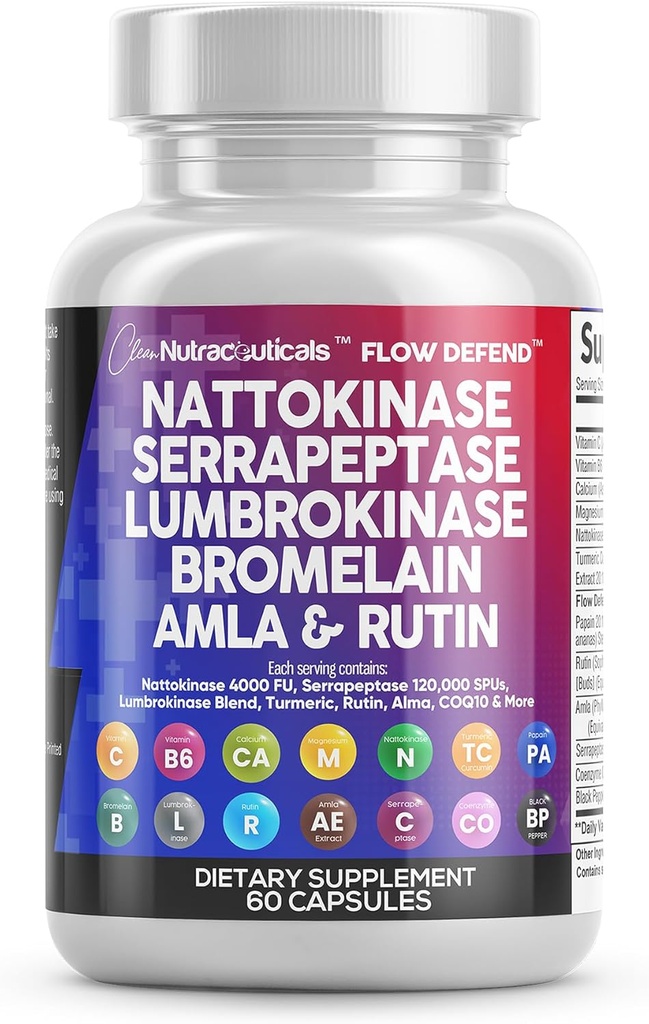 Nutraceutiques propres Nattokinase 4000 FU Serrapeptase 120000 SPU Supplément enzymatique de la lumbrokinase avec Bromelain Papain Papaya Enzymes Extrait de rutine Amla Magnésium Vitamine B6 & VIT C Capsules