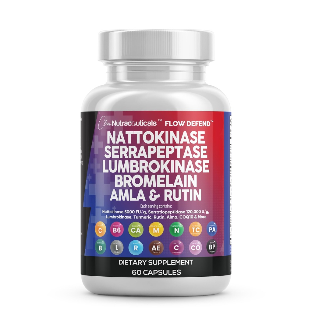 Nutraceutiques propres Nattokinase 4000 FU Serrapeptase 120000 SPU Supplément enzymatique de la lumbrokinase avec Bromelain Papain Papaya Enzymes Extrait de rutine Amla Magnésium Vitamine B6 & VIT C Capsules