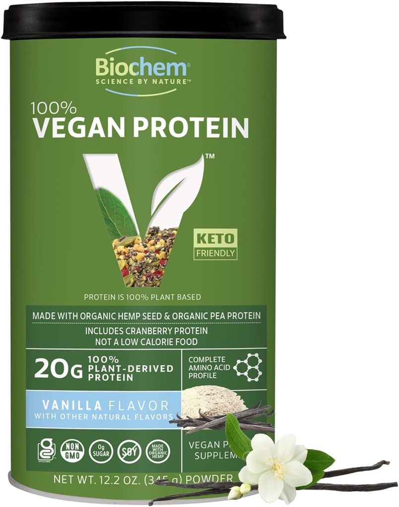 Biochem Poudre de protéines véganes – Protéines végétales de 20g pour le soutien musculaire – Protéines de pois, de chanvre et de canneberges organiques – Faible teneur en glucides, faible teneur en gras, sans gluten, non OGM, ami(e)s kéto – Flaveur de vanille – 12,2 oz