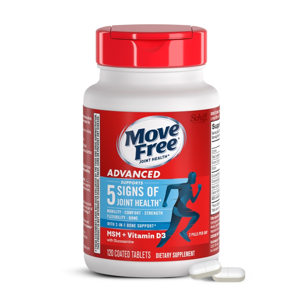 Déplacer sans glucosamine avancée Chondroïtine MSM + supplément de soutien mixte vitamine D3, soutient mobilité confort résistance flexibilité et os + santé immunitaire - 120 comprimés (60 portions)*