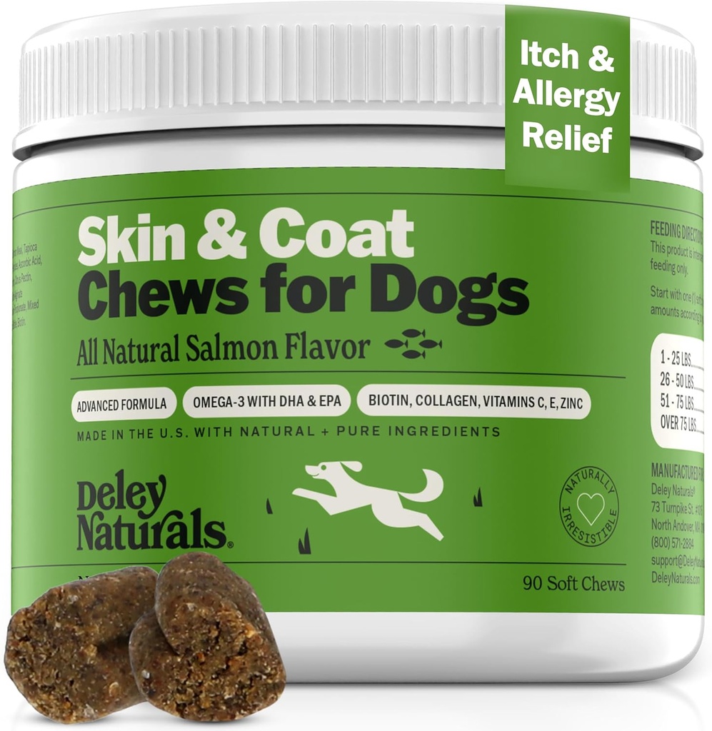 Deley Naturals Skin & Coat Chews - Dog Allergy Chews with Omega 3 Fish Oil, Biotin, Collagen and Essential Vitamins - Supports Dog Itching Skin Relief, Reduces Dryness and Healthy Coat - Made in USA