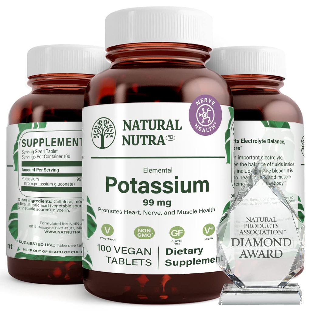 Gluconate de potassium nutra élémentaire naturel 99 mg supplément alimentaire – favorise l'énergie, aide à stimuler le système nerveux, favorise la santé cardiaque, la régulation minérale, la fonction musculaire - 100 comprimés végétaliens