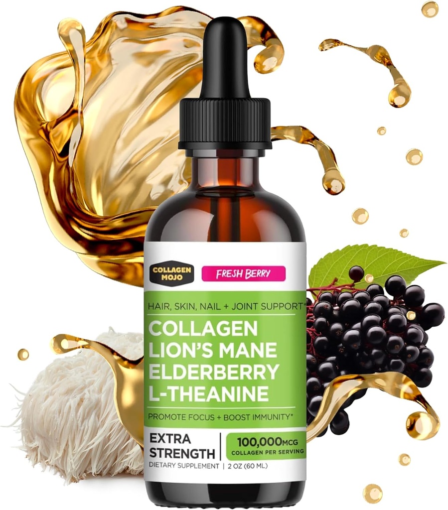 Collagen Mojo - Collagène liquide pour les femmes et les hommes, Collagen Peptides avec le champignon Lion's Mane, Elderberry & L-Theanine - Cheveux, peau, ongles, soutien articulaire, focus, absorption élevée - 100 000mcg, 2 Oz