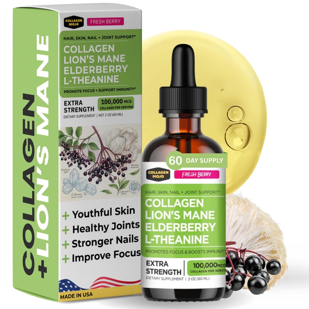 Collagen Mojo - Collagène liquide pour les femmes et les hommes, Collagen Peptides avec le champignon Lion's Mane, Elderberry & L-Theanine - Cheveux, peau, ongles, soutien articulaire, focus, absorption élevée - 100 000mcg, 2 Oz