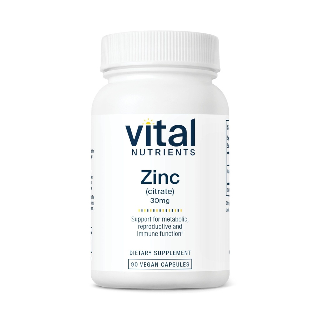 Nutriments vitaux Citrate de zinc 30mg.Supplément de soutien facile Absorbé Immune*.Supplément de zinc végétalien.Supplément de gluten, de lait, sans soja.