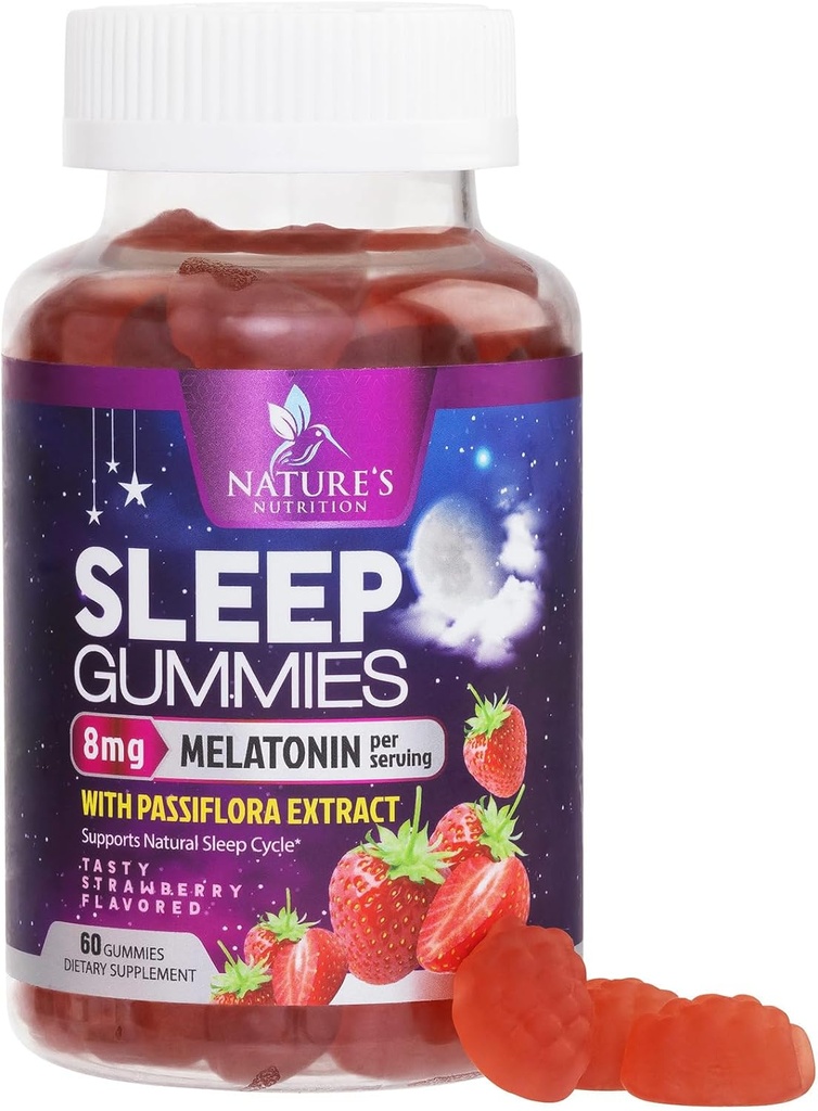Gommies de sommeil pour adultes Extra Strength 8mg - Melatonine avec extrait de Passiflora pour sommeil reposé - Supplément de gommy à mélatonine de sommeil à action rapide, végétalien, non-OGM, goût de fraise savoureux - 60 Gommies