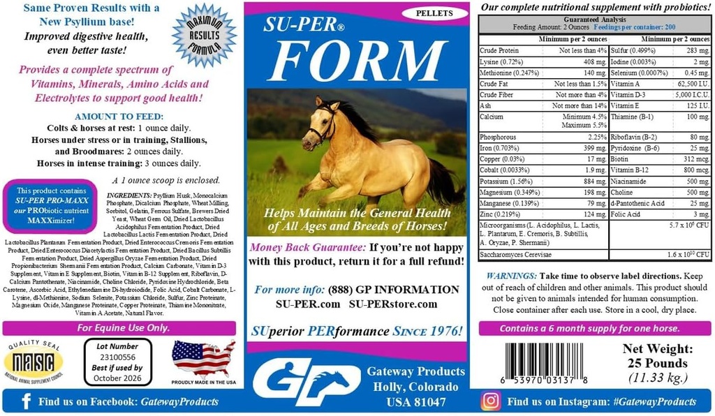 SUPER Form Vitamines et minéraux de chevaux Pellets - Supplément nutritionnel avec probiotiques - Vitamines, minéraux, acides aminés et électrolytes - Aide à maintenir la santé générale - 25 livres, 6 mois d'approvisionnement