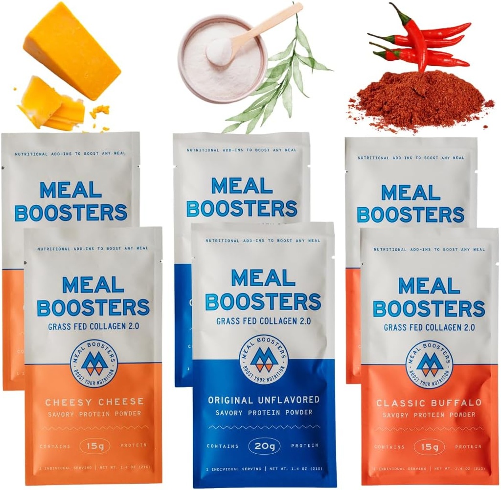 Boosters de repas MB Variety Pack Sampler Savory Protein Supplement, Cheesy Cheese, Buffalo, Non aromatisé, Collagène gazonné, Croissance musculaire, Tendon, Ligament, Réparation de la peau des cheveux, Gut Health