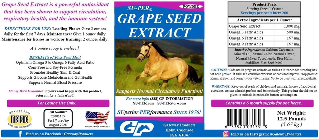 SU-PER Extrait de graine de raisin Antioxydant de cheval - Supplément anti-anhydrique pour chevaux performants - Supporte la circulation respiratoire santé et système immunitaire - 12,5 livres, 6 mois d'approvisionnement