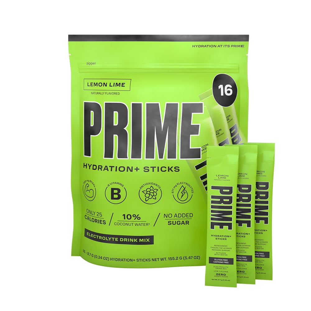 PRIME HYDRATION+ Sticks Lime de citron en poudre d'hydratation Bâtons à usage unique en poudre d'électrolyte sur le go de faible teneur en sucre sans caféine