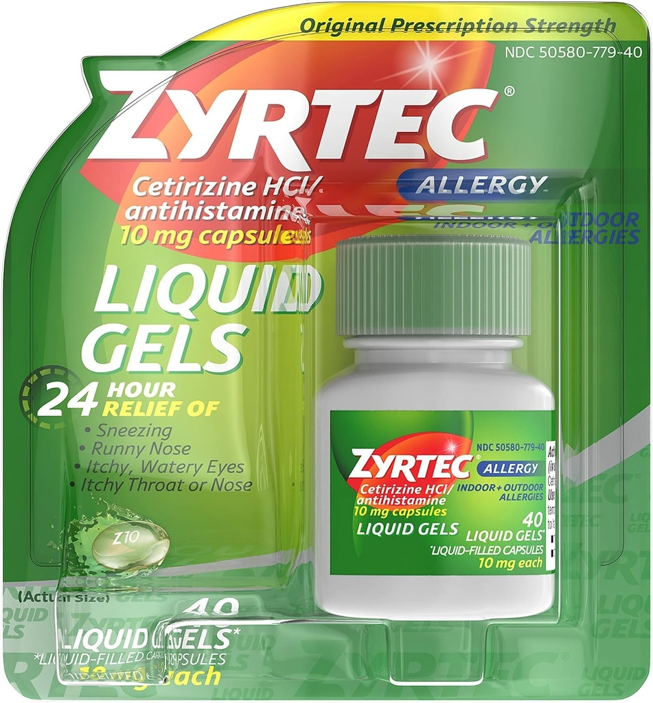 Zyrtec 24 Hour Indoor & Outdoor Allergy Liquid Gels, Antihistamine Capsules with Cetirizine Hydrochloride for All-Day Allergy Relief, 40 ct ( Pack of 2)