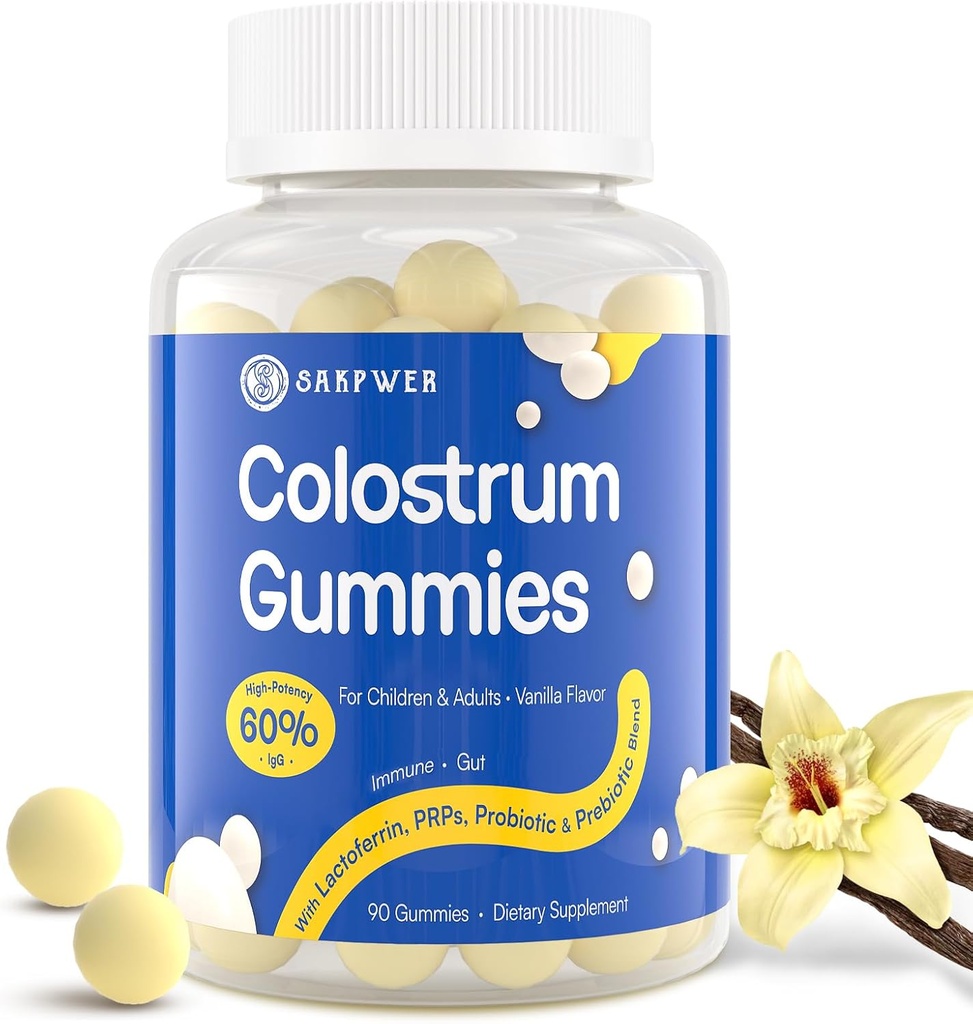 Bovine Colostrum Supplément Gommies - avec 60% IgG le plus élevé, Lactoferrine, Probiotiques et Prébiotiques pour les adultes et les enfants, Vanilla Flavor & sans sucre, 90 Gommies