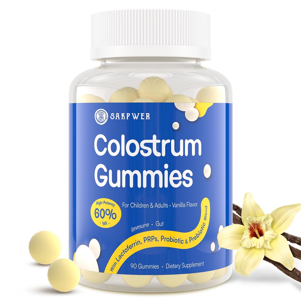 Bovine Colostrum Supplément Gommies - avec 60% IgG le plus élevé, Lactoferrine, Probiotiques et Prébiotiques pour les adultes et les enfants, Vanilla Flavor & sans sucre, 90 Gommies