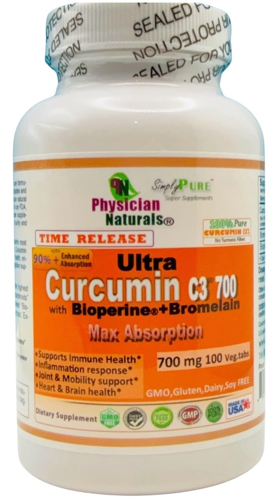 Ultra Curcumine C3 Temps libéré w Biopérine et Bromelain Temps libéré 700mg 100 Veg.tabs Max Absorption