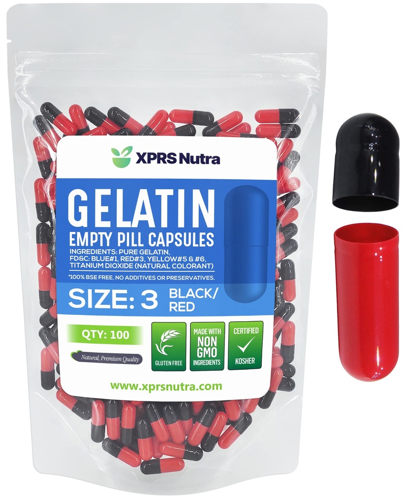 XPRS Nutra Taille 3 Capsules vides - 100 Compte Capsules de gélatine vides - Pills Bricolage Capsule Remplissage - Pure Pilule de Gel de Pilule pour Do-It-Youlf Vitamines et Suppléments (Noir/Rouge)