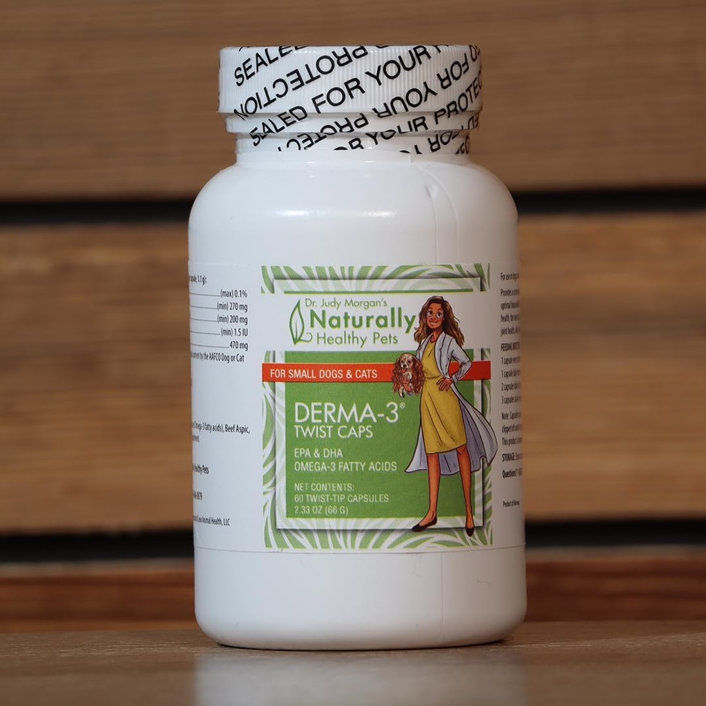 Les animaux de compagnie naturellement sains de la Dre Judy Morgan Derma-3 Omega3 Huile de poisson Twist Caps pour chiens et chats (petit)