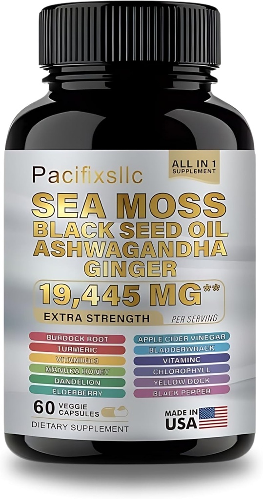 Huile de graines noires de mousse de mer Ashwagandha Ginger Vitamine C & D3 avec poivre noir pour les hommes et les femmes
