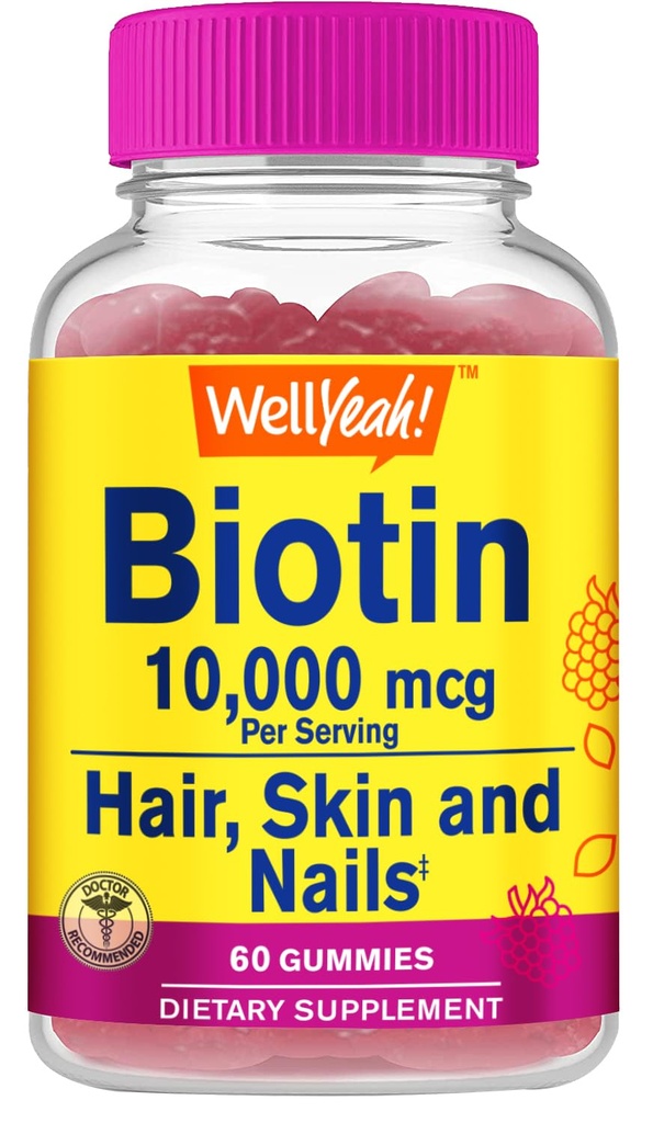 Eh bien oui haute puissance biotine 10 000 mcg Gommies - pour cheveux, peau et ongles plus forts - Vegan-friendly, sans gluten, non-OGM, et délicieux parfum de baie - 60 Gommies