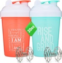 [2 Pack] 20-Ounce Shaker Bottle with Motivational Quotes (Coral & Mint) | Protein Shaker Bottle with Mixer Agitators | Blender Shaker Bottle for Protein Mixes Pack is BPA Free and Dishwasher Safe