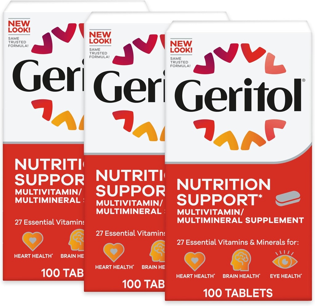 Geritol, supplément multivitamines, contient des vitamines B-Vitamines, antioxydants, vitamines C, E & D et fer, 27 vitamines et minéraux essentiels, sans gluten, sans OGM, sans édulcorants artificiels, 100 comprimés, 3 emballages
