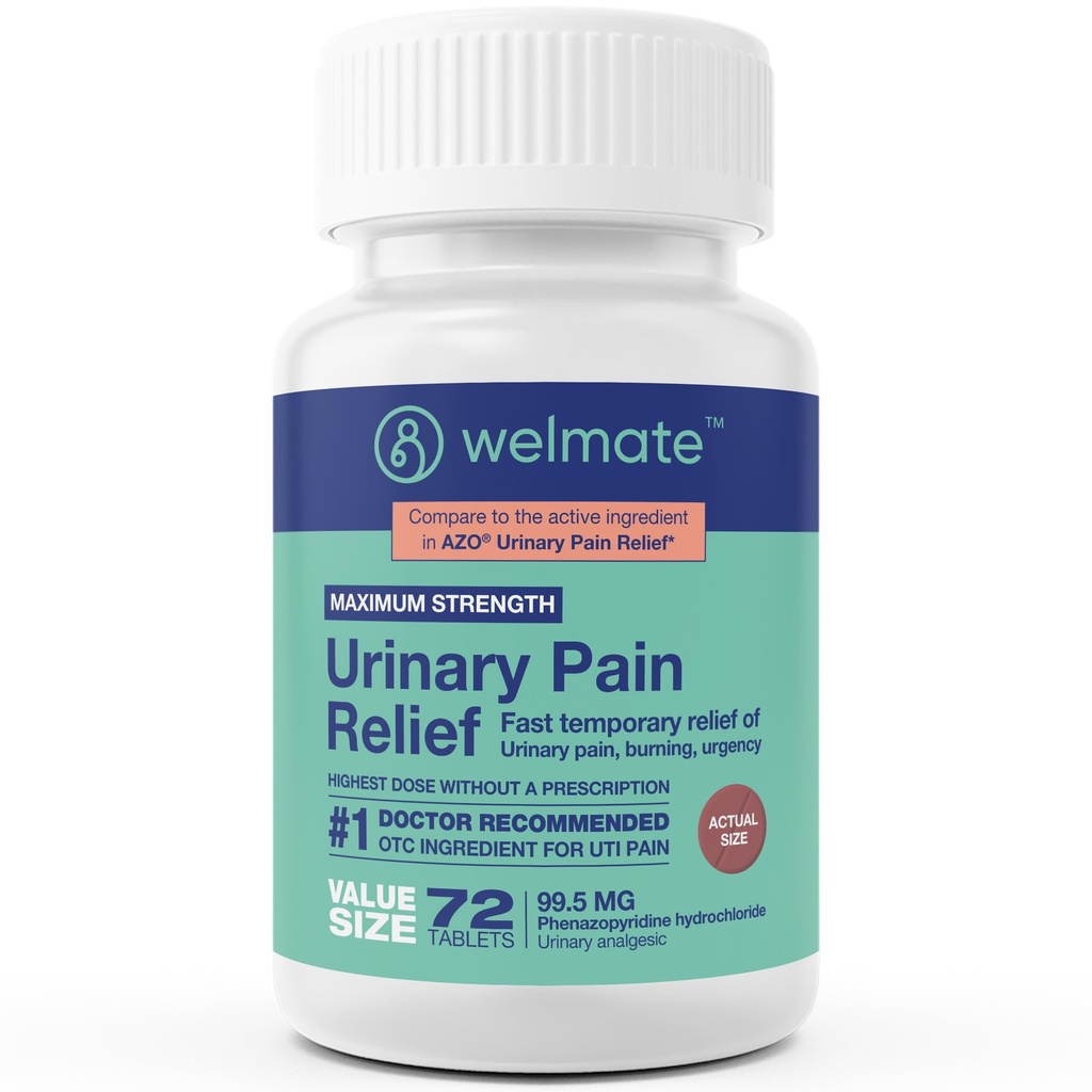 WELMATE - Soulagement de la douleur urinaire (72 comprimés) - Hydrochlorure de phénazopyridine 99,5mg - Douleur urinaire, urgence et malaise - Force maximale - Médicament sur-le-Counter