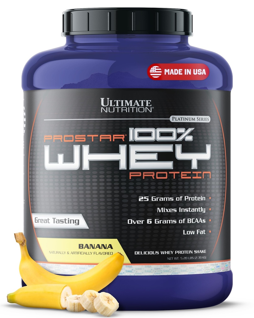Ultimate Nutrition Prostar Whey Protéines Poudre Isolée, Banane - faible teneur en glucides, poudre à haute teneur en protéines pour le gain musculaire et la récupération - faible teneur en sodium, faible teneur en gras et kéto - 5,28 lbs Tub