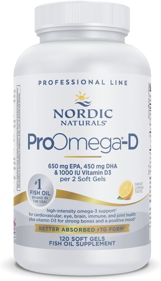 Nordic Naturals ProOmega-D, Lemon Flavor - 120 gels mous - 1280 mg Oméga-3 + 1000 UI D3 - Huile de poisson à haute puissance - EPA et DHA - Santé du cerveau, des yeux, du coeur et des immuns - Non-OGM - 60 portions