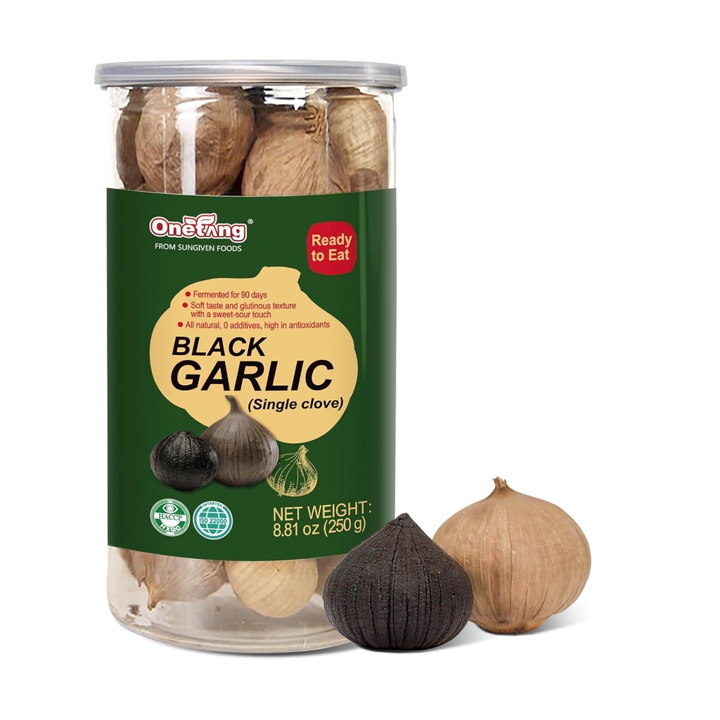 ONETANG Ail noir 8.82 Oz (250g.), Ail noir entier fermenté pendant 90 jours, Super aliments, non-OGM, non additifs, élevé en antioxydants, prêt à manger pour Snack saine et saine recettes