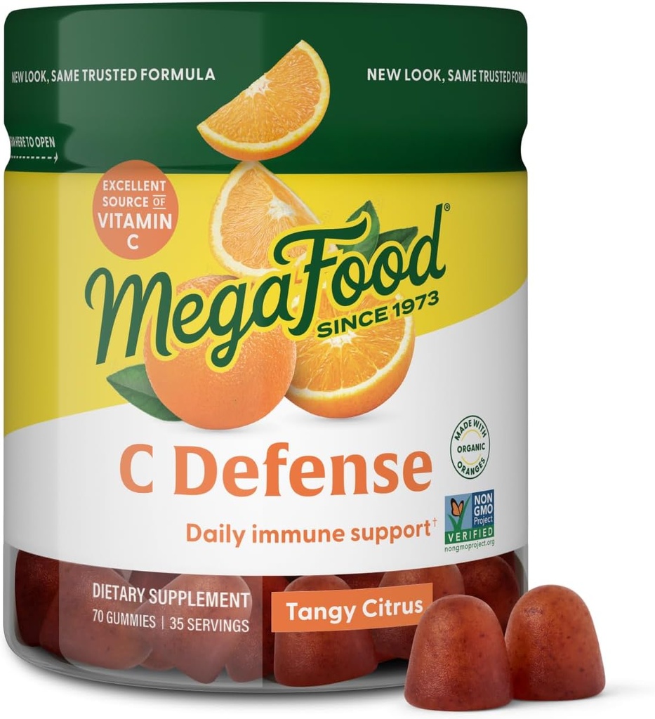 MegaFood C Defense Daily Immmune Support Supplément - Gommies de vitamine C à croquer, agrumes Tangy Flavor, fait avec de vrais aliments comme l'orange et la canneberge, végétalien, sans gluten - 70 vitamines gommy, 35 portions