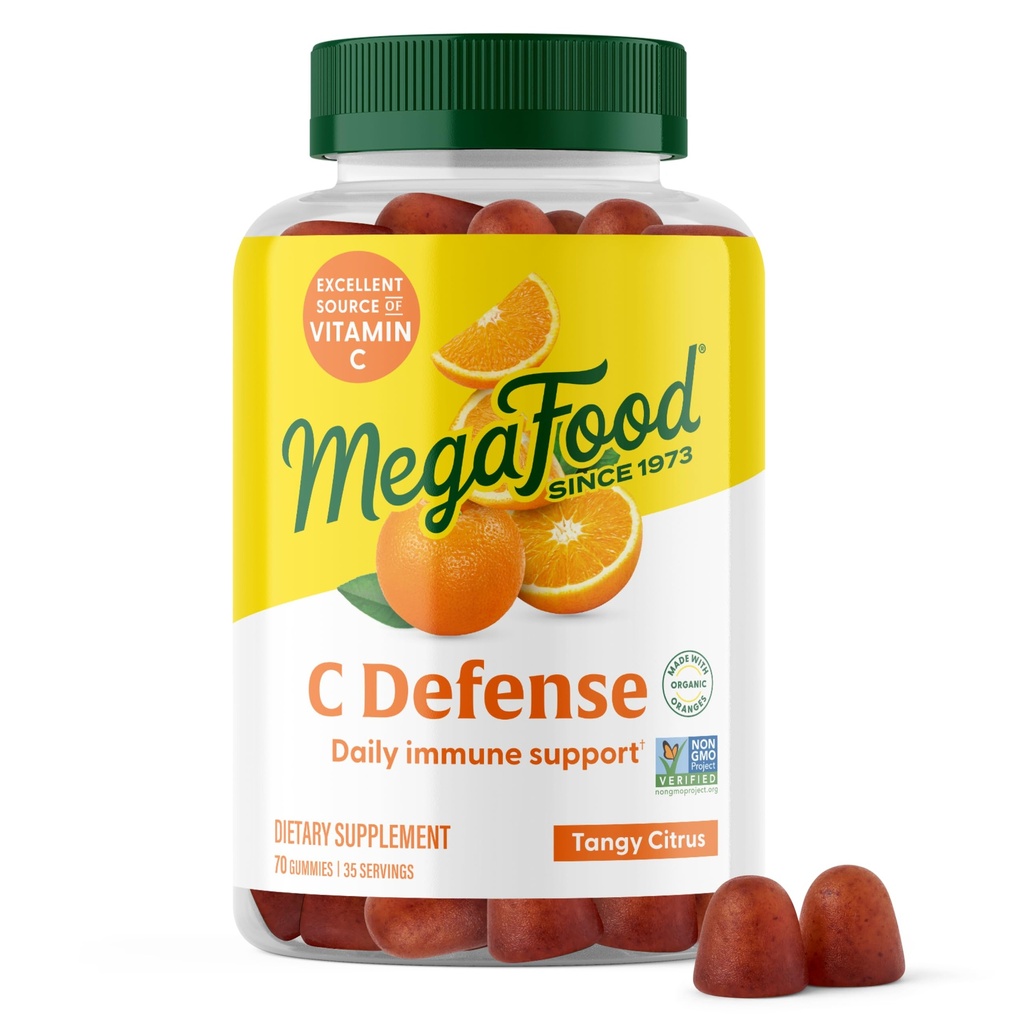 MegaFood C Defense Daily Immmune Support Supplément - Gommies de vitamine C à croquer, agrumes Tangy Flavor, fait avec de vrais aliments comme l'orange et la canneberge, végétalien, sans gluten - 70 vitamines gommy, 35 portions