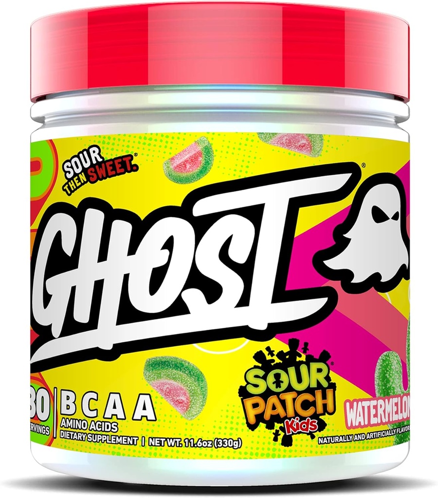 Supplément d'acides aminés en poudre de la BCAA de GHOST, pastèque pour enfants de Patch aigre - 30 portions - sans sucre intra, post et préentraînement Amino poudre et boisson de récupération, 7G BCAA