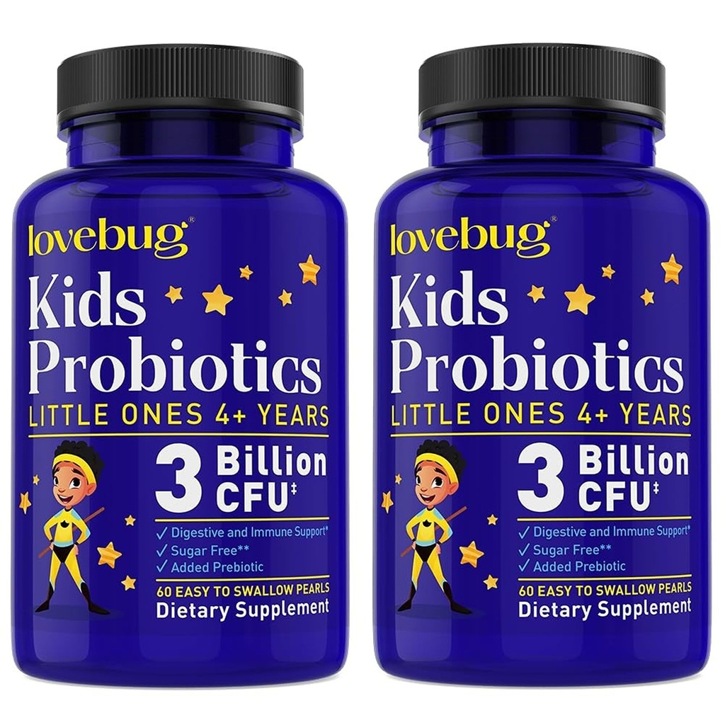 LOVEBUG Probiotiques pour les enfants - Probiotiques pour enfants avec prébiotiques pour les enfants âgés de 4 ans et plus, Gut santé, constipation, supplément de soutien digestif et immunitaire, sans sucre, 120 perles douces