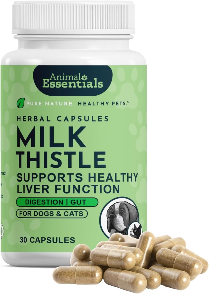 Animal Essentials Milk Thistle for Dogs & Cats - Liver Support, Milk Thistle 150mg, Silymarin, Liver Supplement, Herbal Capsules, Organic Human Grade Herbs, Veterinarian Recommended - 30 Count