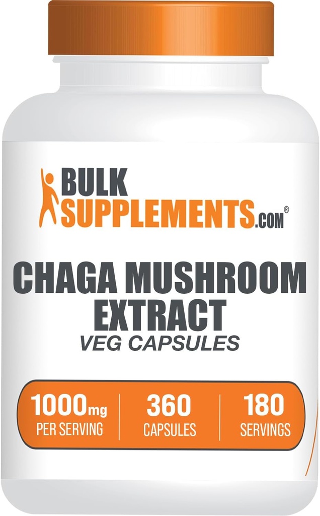 BulkSupplements.com Capsules d'extrait de champignons Chaga - Extrait de champignons Chaga, champignons Chaga - Sans végétalien et sans gluten, 2 capsules par portion (1000mg), 360 Nombre (paquet de 1)