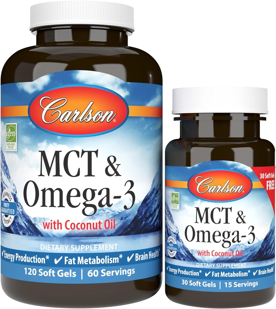 Carlson - MCT & Omega-3, Huile de coco, Acides Capryliques & Capric, EPA & DHA, Production d'énergie, Fat Metabolism & Cerveau Health, 120+30 Softgels