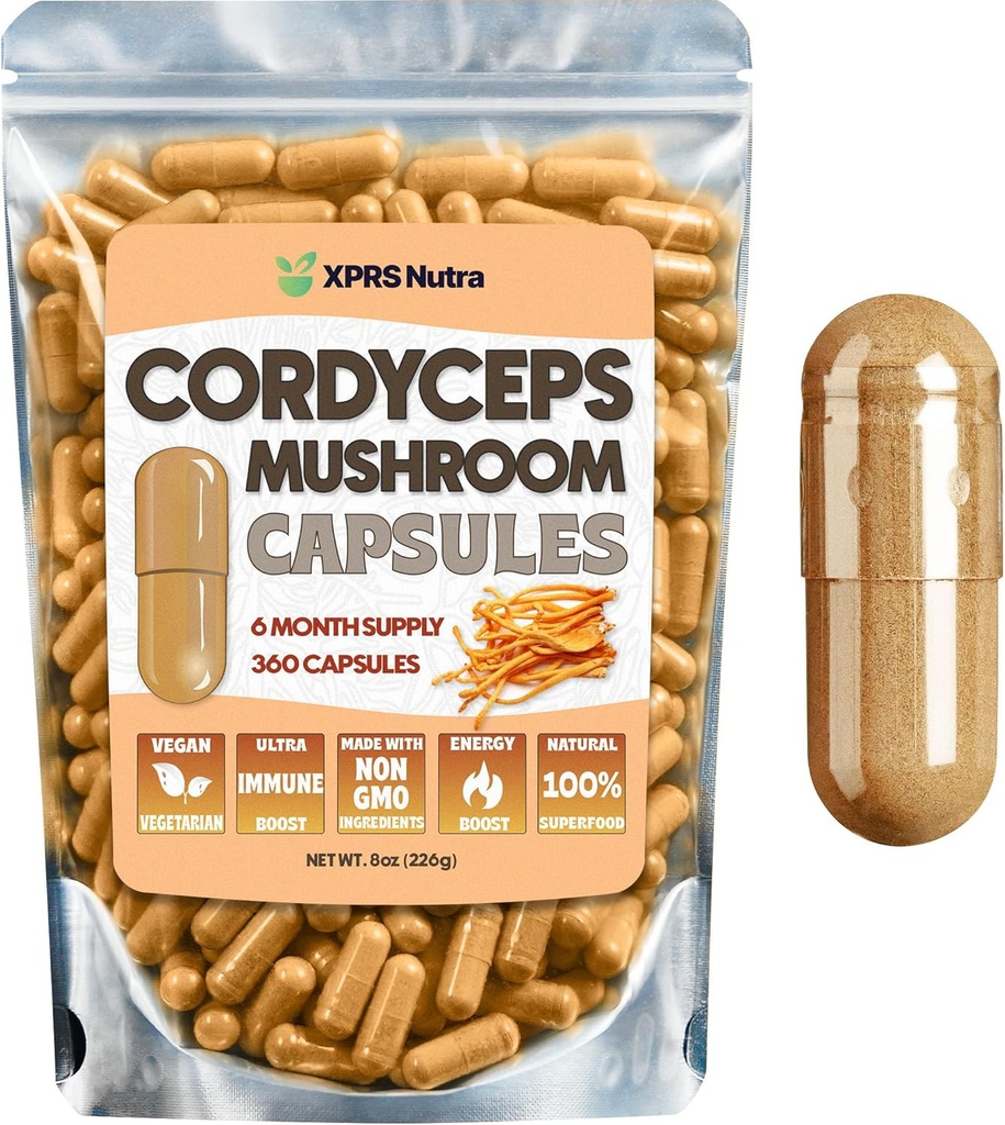 XPRS Nutra Cordyceps Capsules en poudre de champignons - Compte 360 (180 jours d'approvisionnement) - Nos capsules de champignons Cordyceps Premium contiennent de vrais champignons (Cordyceps Sinensis) pour soutenir l'endurance et la performance
