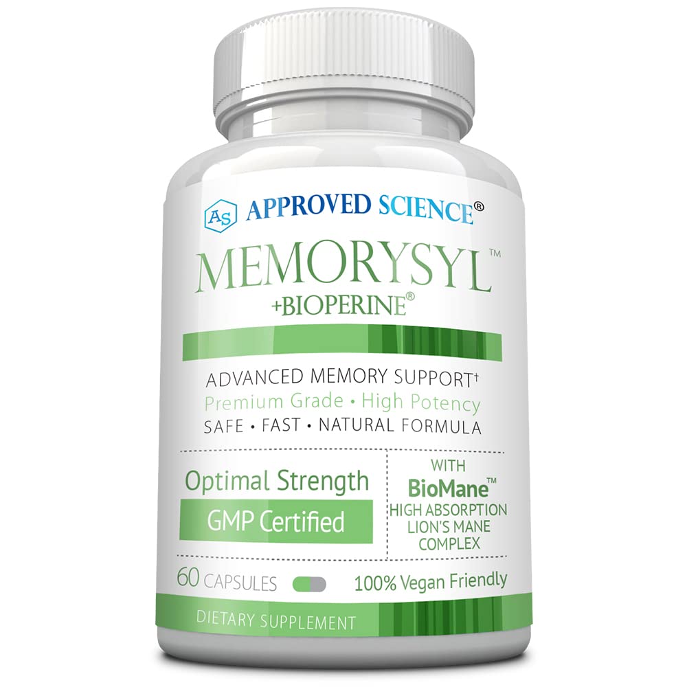Approved Science MemorySyl - Memory Boosting Supplement - Improve Focus and Concentration - Protect Against Cognitive Decline - with Lion’s Mane and BioPerine - 60 Capsules - Vegan