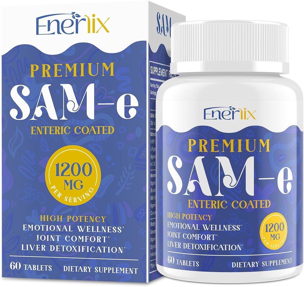 1200 MG SAM e Supplément pour le cerveau, l'humeur, les articulations et le foie, haute absorption SAM-e (S-Adenosyl-L-Méthionine) avec CoQ10, 5-HTP, enrobé entérique 60 comprimés, végétalien