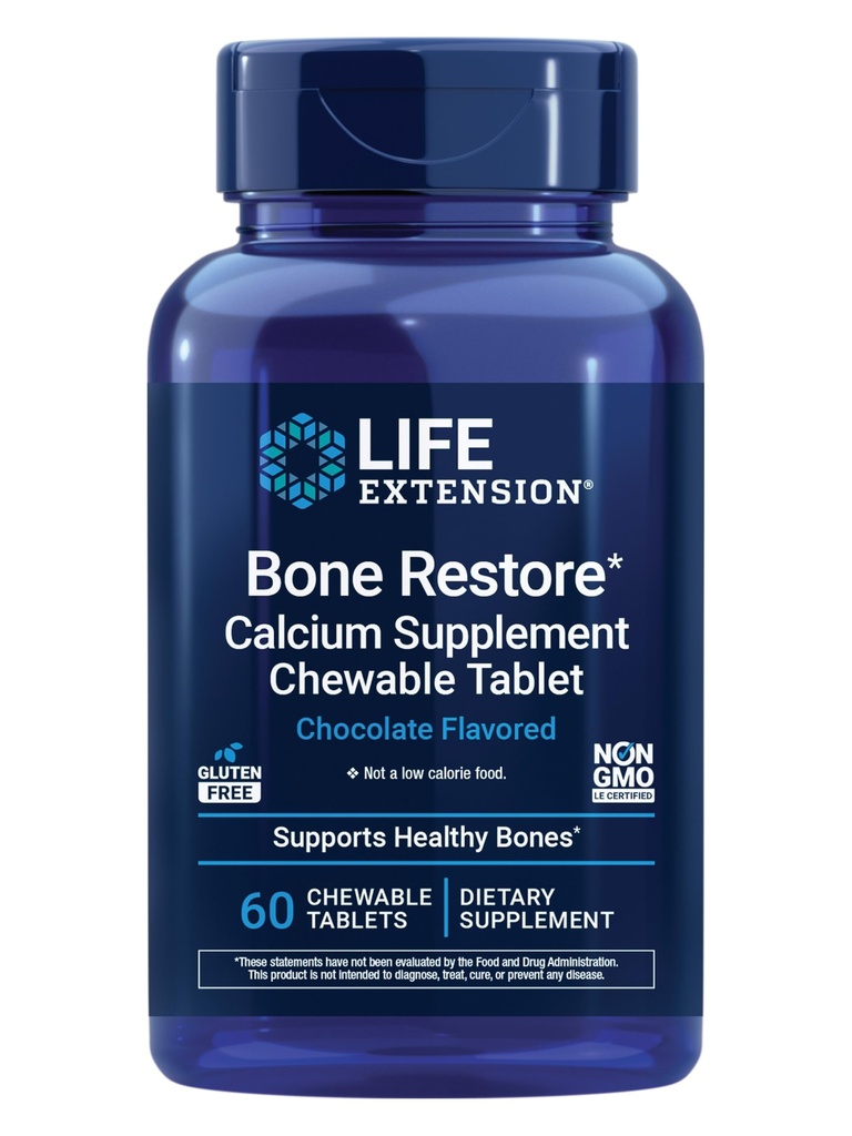Prolongation de vie Bone Restore Supplément Calcium Comprimés à croquer, Bone Health Supplément, Calcium, Vitamine D, Minéraux, Sans gluten, Non-OGM, 60 Comprimés