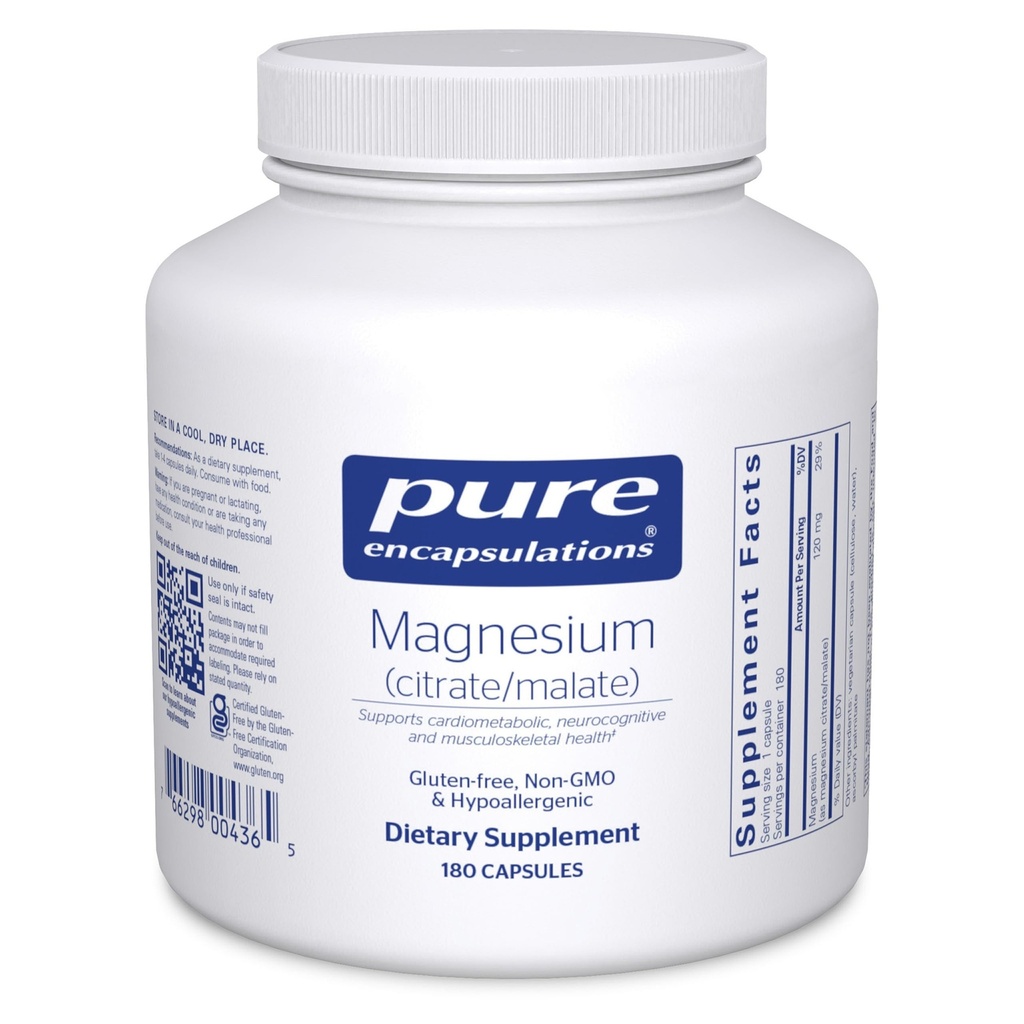 Encapsulations pures Magnésium (Citrate/Malate) - Supplément de magnésium pour soutenir l'utilisation nutritive, l'énergie, les os et la santé cardiaque* - avec Citrate de magnésium et Malate - 180 capsules
