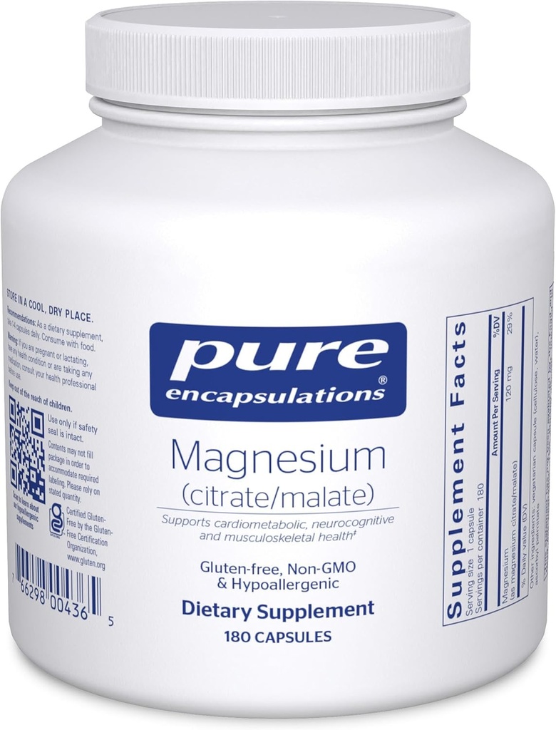 Pure Encapsulations Magnesium (Citrate/Malate) - Magnesium Supplement to Support Nutrient Utilization, Energy, Bones & Heart Health* - with Magnesium Citrate & Malate - 180 Capsules