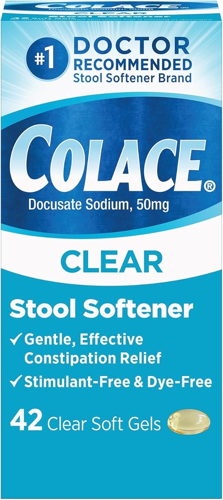 Colace Clear Stool Softener for Gentle Effective Constipation Relief, #1 Doctor Recommended Stool Softener Brand, Dye Free, 50 mg Docusate Capsules, 42 Count