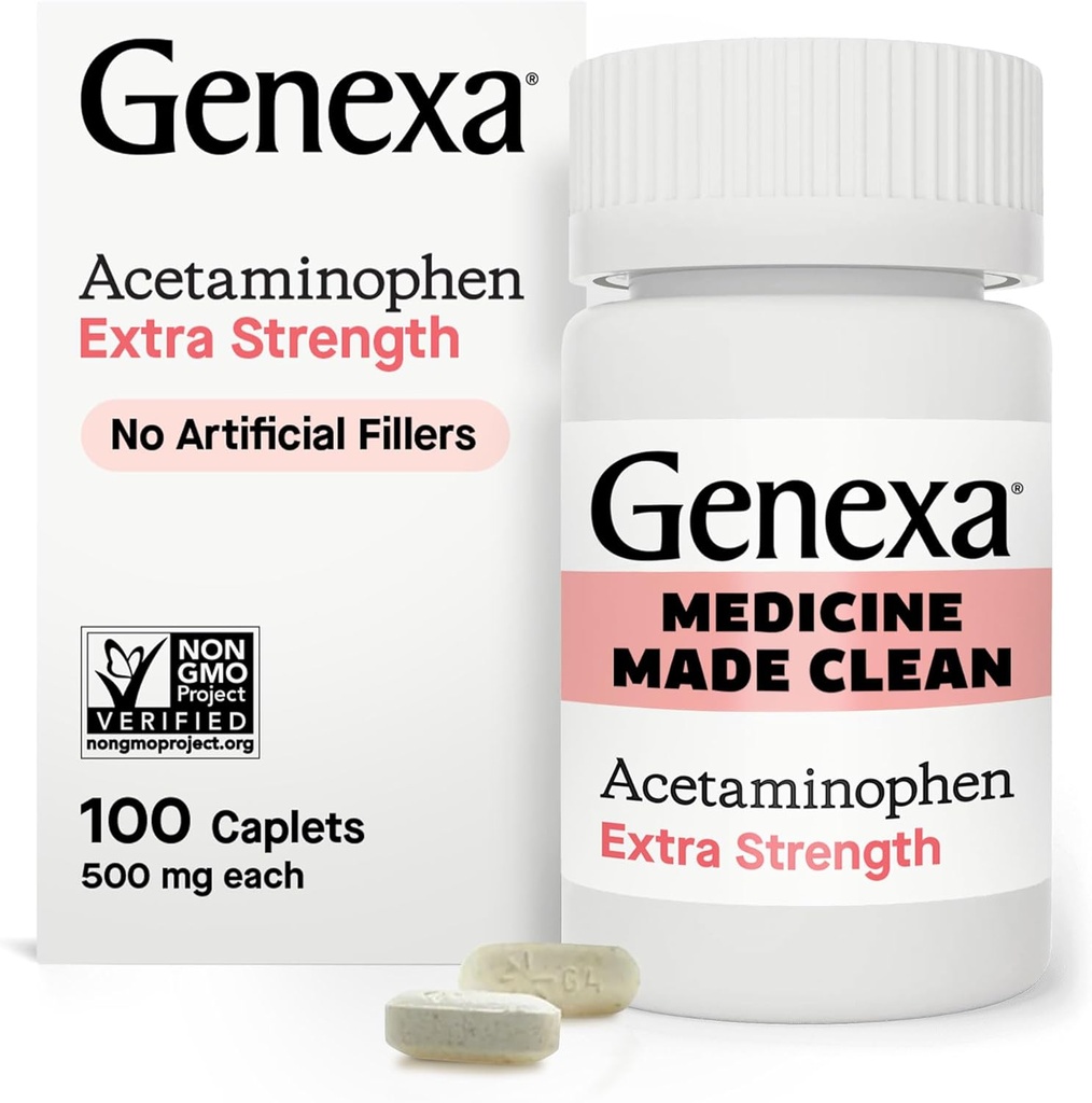 Généxa Acétaminophène propre 500mg Extra-fort, Tee Free Pain Reliever Fever Reducer, 0% Additifs artificiels, Médecine de la douleur pour adultes, Soulage les maux de tête, Mal de dos, Arthrite mineure Douleur, 100 comprimés