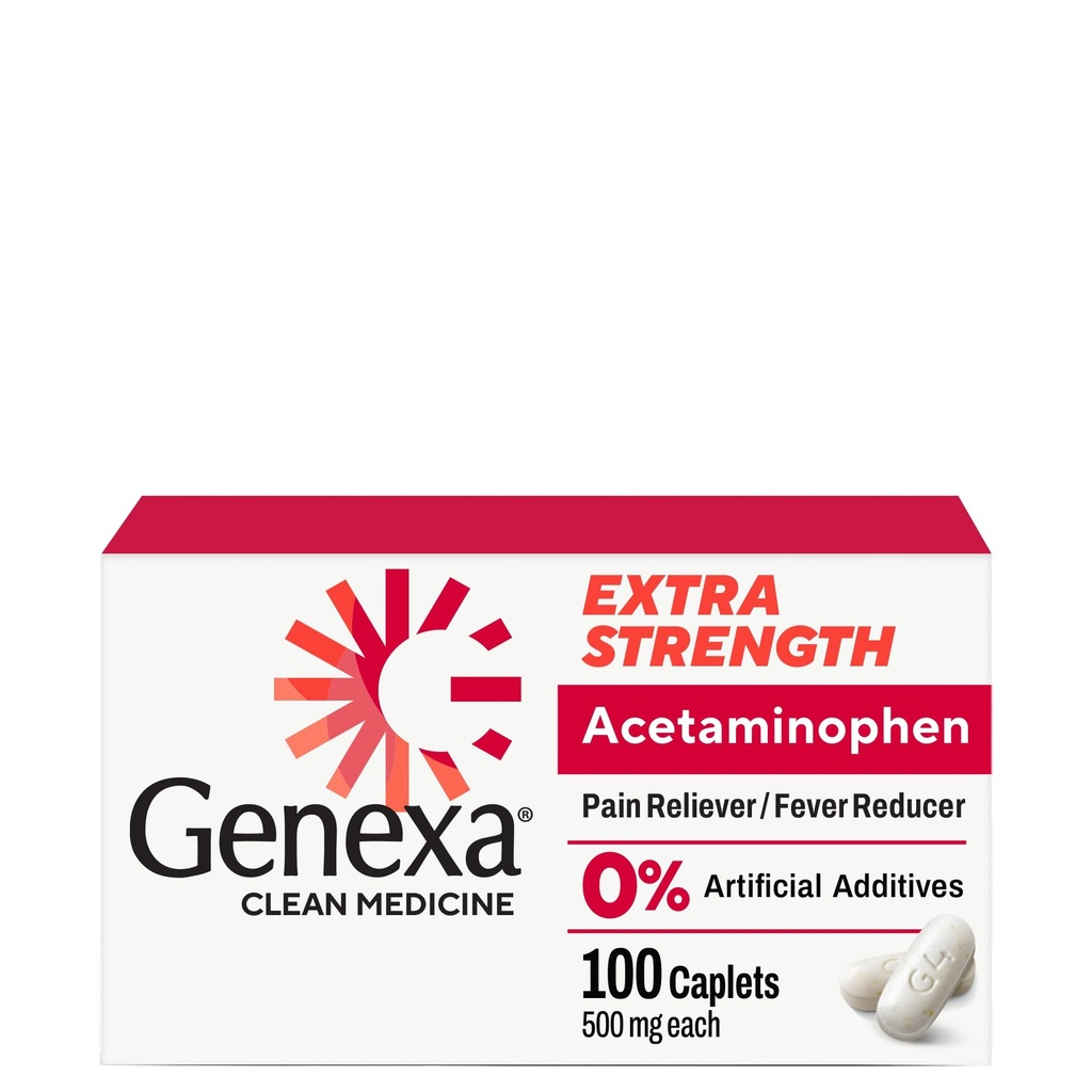 Généxa Acétaminophène propre 500mg Extra-fort, Tee Free Pain Reliever Fever Reducer, 0% Additifs artificiels, Médecine de la douleur pour adultes, Soulage les maux de tête, Mal de dos, Arthrite mineure Douleur, 100 comprimés