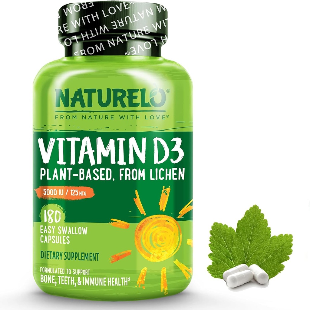 NATURELO Vitamine D - 5000 UI - Plante à base de lichen - Supplément naturel D3 pour système immunitaire, os, santé articulaire - Haute puissance - Vegan - Non-OGM - Sans gluten - 180 capsules