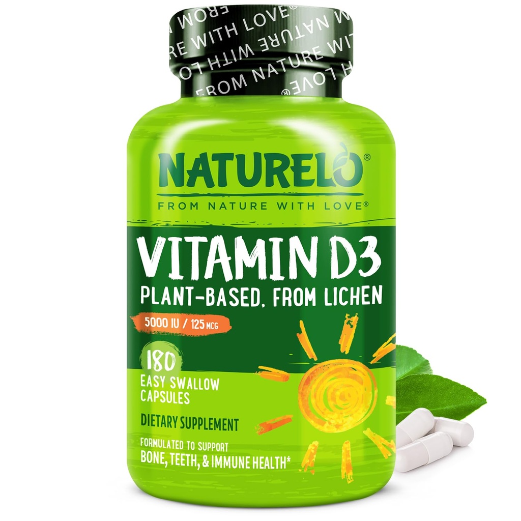 NATURELO Vitamine D - 5000 UI - Plante à base de lichen - Supplément naturel D3 pour système immunitaire, os, santé articulaire - Haute puissance - Vegan - Non-OGM - Sans gluten - 180 capsules